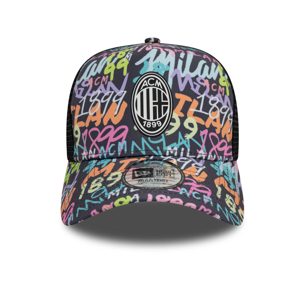AC Milan FC Hat - Black Graffiti AOP EF Serie A 9Forty A-Frame Trucker Snapback Cap - New Era